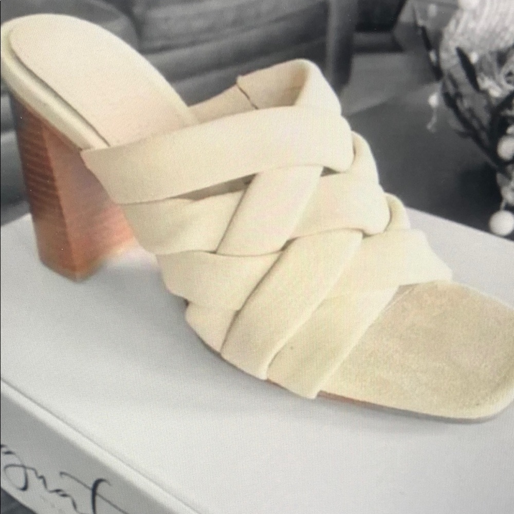 Braided Slip On Mule Heel Shoes Strap cream ivory women heels